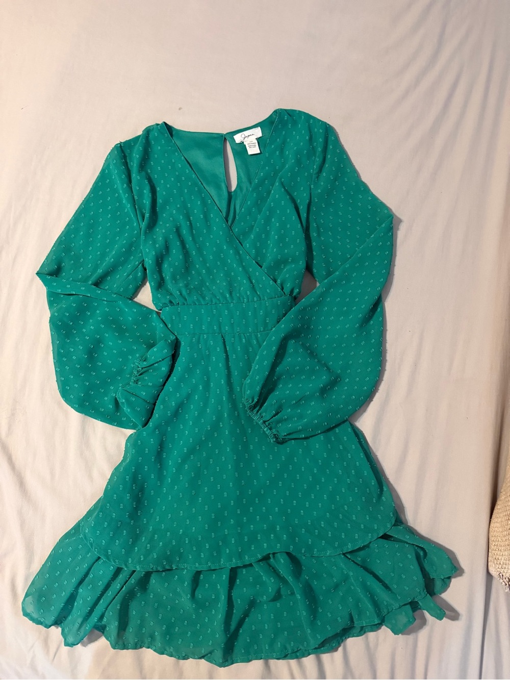Japna Teal Green Long-Sleeve Wrap Ruffle Dress